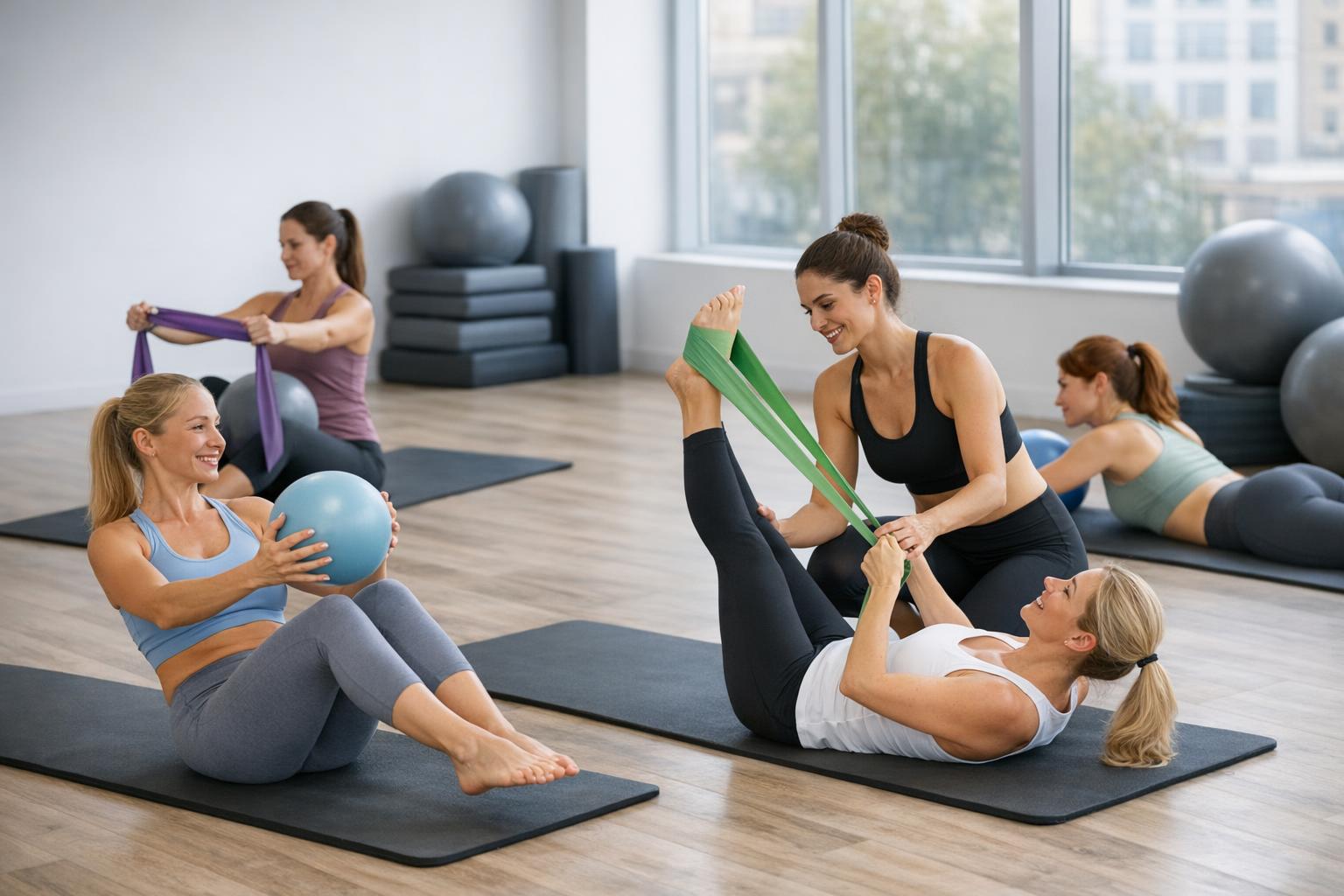 zdjęcie zajęć pilates z użyciem akcesoriów (piłka, taśma)